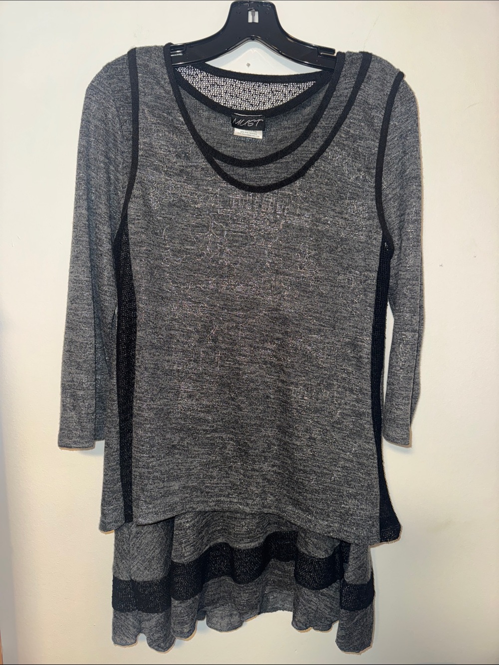 Women's Gray and black Layered Knit short dress, with vest over Top
